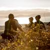 Four cyclists stop to rest by a bush in the early morning sunlight on Red Take Track at Whareroa Farm. 