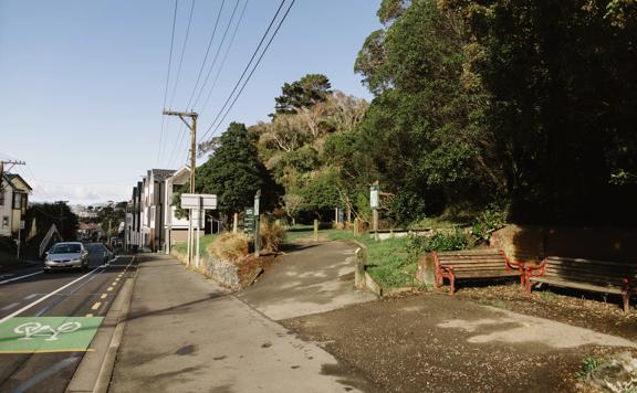 One of the entrances to Waimapihi Reserves Transient trail, from Aro Street. cars go past and a small park bench sits at the trail entrance.