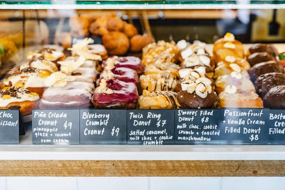 A variety of gourmet, vegan doughnuts available at Belèn Vegan Bakery in Wellington, New Zealand.