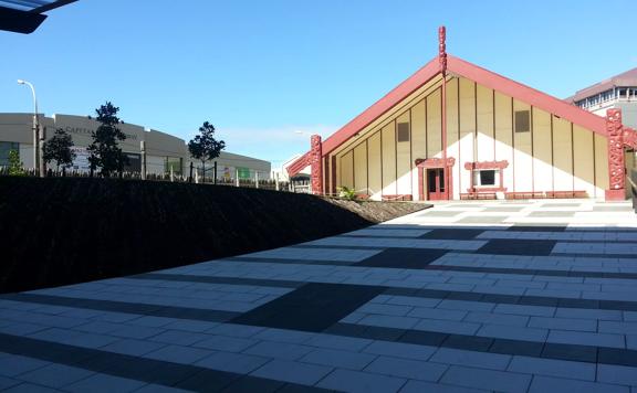 The exterior courtyard of Pipitea Marae & Function Centre located in Pipitea, Wellington.