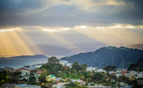 In the foreground are houses surrounded by bush. The background shows the Wellington harbour with Matiu island, and east harbour in the back. The sun has rays glaring from dark clouds. 