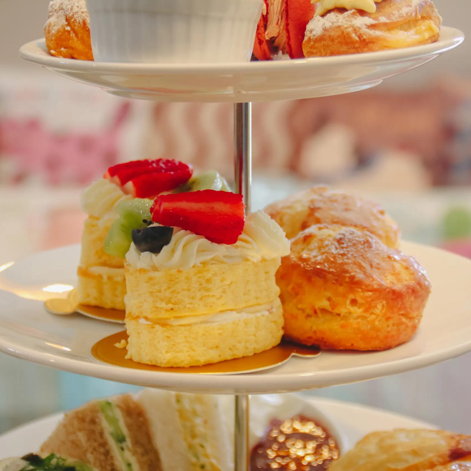 A cake stand holds finger food for high tea at Marth’s Pantry.