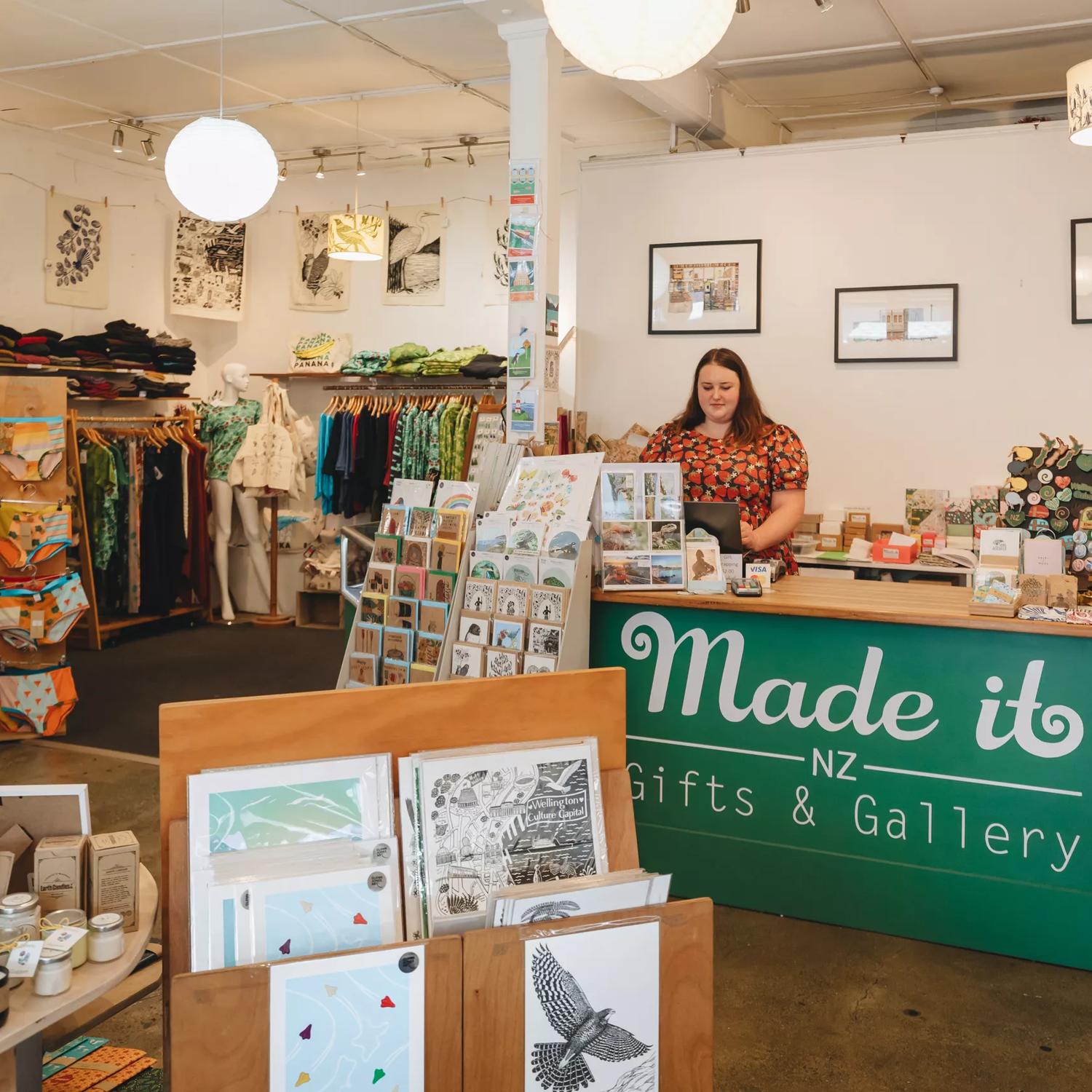 The interior of Made It, a gift shop located on Victoria Street in Te Aro Wellington. A worker is standing behind the counter. 