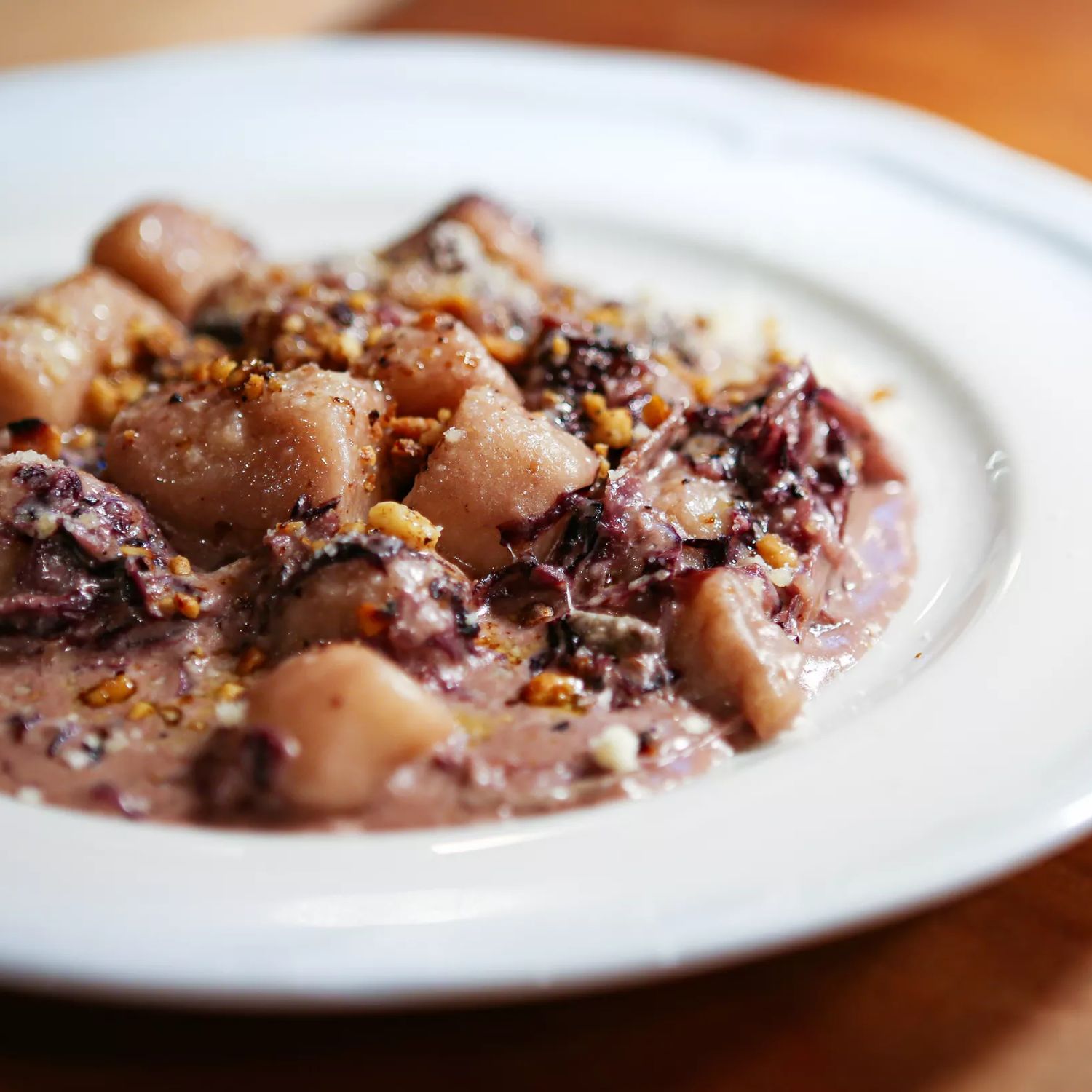 A plate of gnocchi on a white plate at Cicio Cacio, an Italian restaurant in Newtown, Wellington.