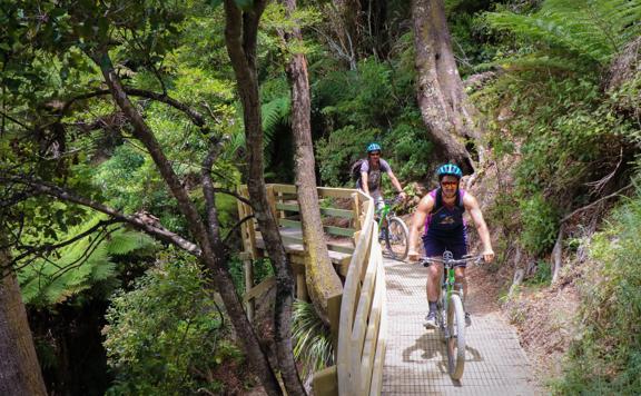 Two cyclists are riding on a wooden bridge on the Green Jersey Cycling Tour on the Remutaka Cycle Trail in Upper Hutt in the Wellington region. 