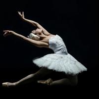 A royal New Zealand Ballet dancer performing in Swan Lake. They are wearing a white tutu. Their arms are extended back behind them in a dramatic pose.