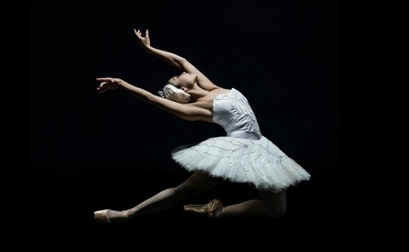 A royal New Zealand Ballet dancer performing in Swan Lake. They are wearing a white tutu. Their arms are extended back behind them in a dramatic pose.