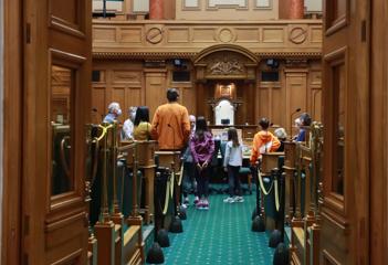 A group of people on a tour at New Zealand's Parliament building in Wellington. They are standing in a wood-paneled town hall meeting room with green carpet.