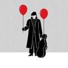 An illustration of a man in a coat holding a red balloon and a violin case with another red balloon.