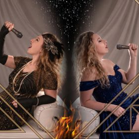 Two singers with microphones seated back-to-back in a stylised concert promotional image.