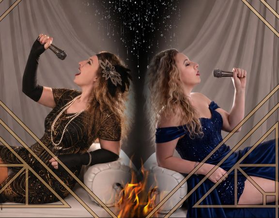 Two singers with microphones seated back-to-back in a stylised concert promotional image.