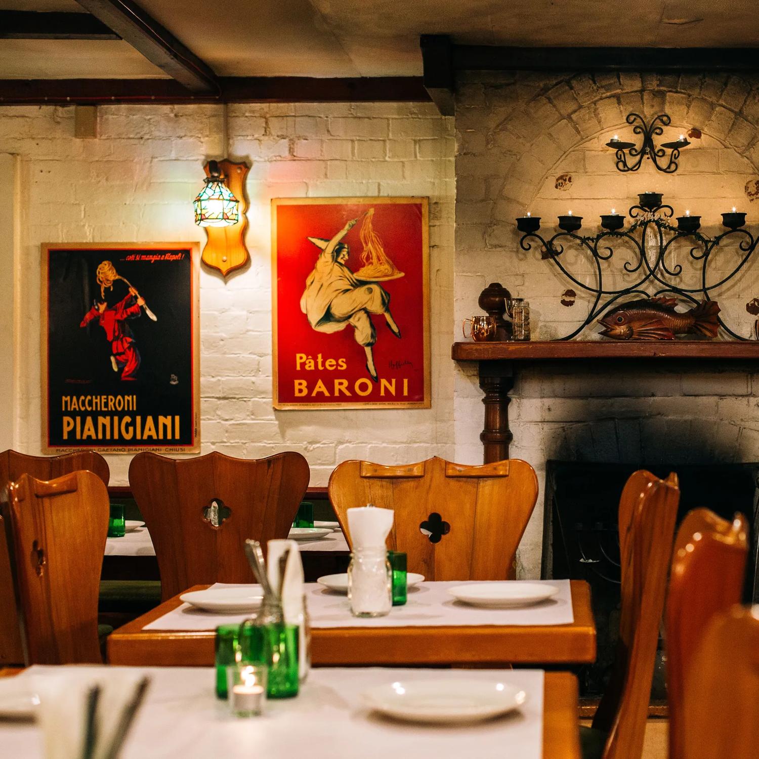 Inside Cicio Cacio, an Italian restaurant with rustic decor. 