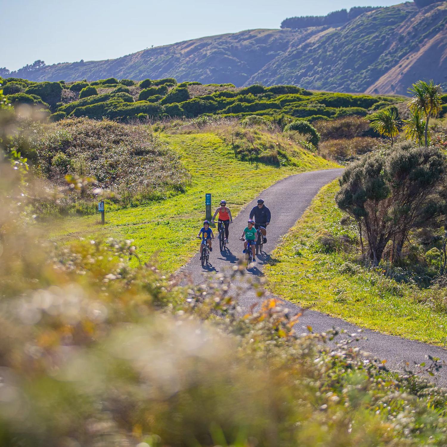 Four people ride bicycles on a path in Queen Elizabeth Regional Park in the Paraparaumu, New Zealand surrounded by nature. 