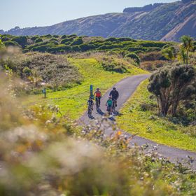 Four people ride bicycles on a path in Queen Elizabeth Regional Park in the Paraparaumu, New Zealand surrounded by nature.