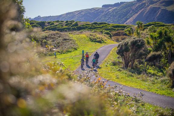 Four people ride bicycles on a path in Queen Elizabeth Regional Park in the Paraparaumu, New Zealand surrounded by nature. 