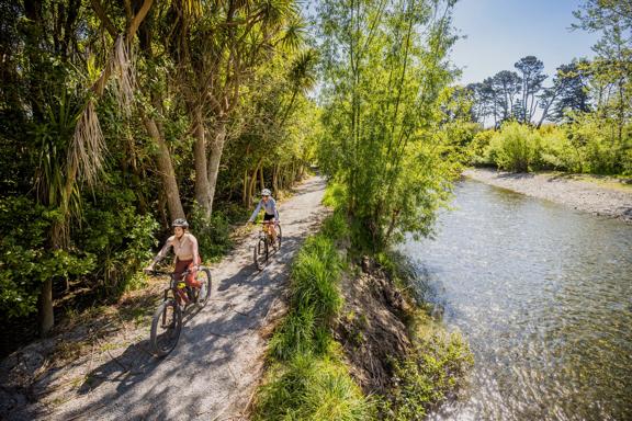 Two cyclists ride along the Waikanae River Trail on a sunny day.