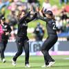 2 Cricket players high fiving on the field.