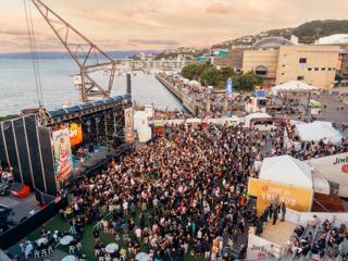 A drone shot of the Jim Beam Homegrown music festival on the Wellington Waterfront.