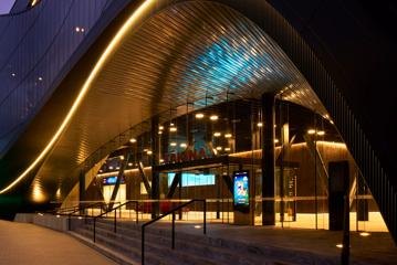 The main entrance of Tākina Wellington Convention and Exhibition Centre on Cable Street.