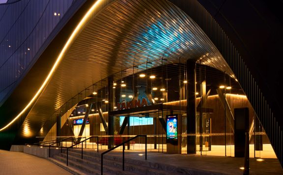 The main entrance of Tākina Wellington Convention and Exhibition Centre on Cable Street.