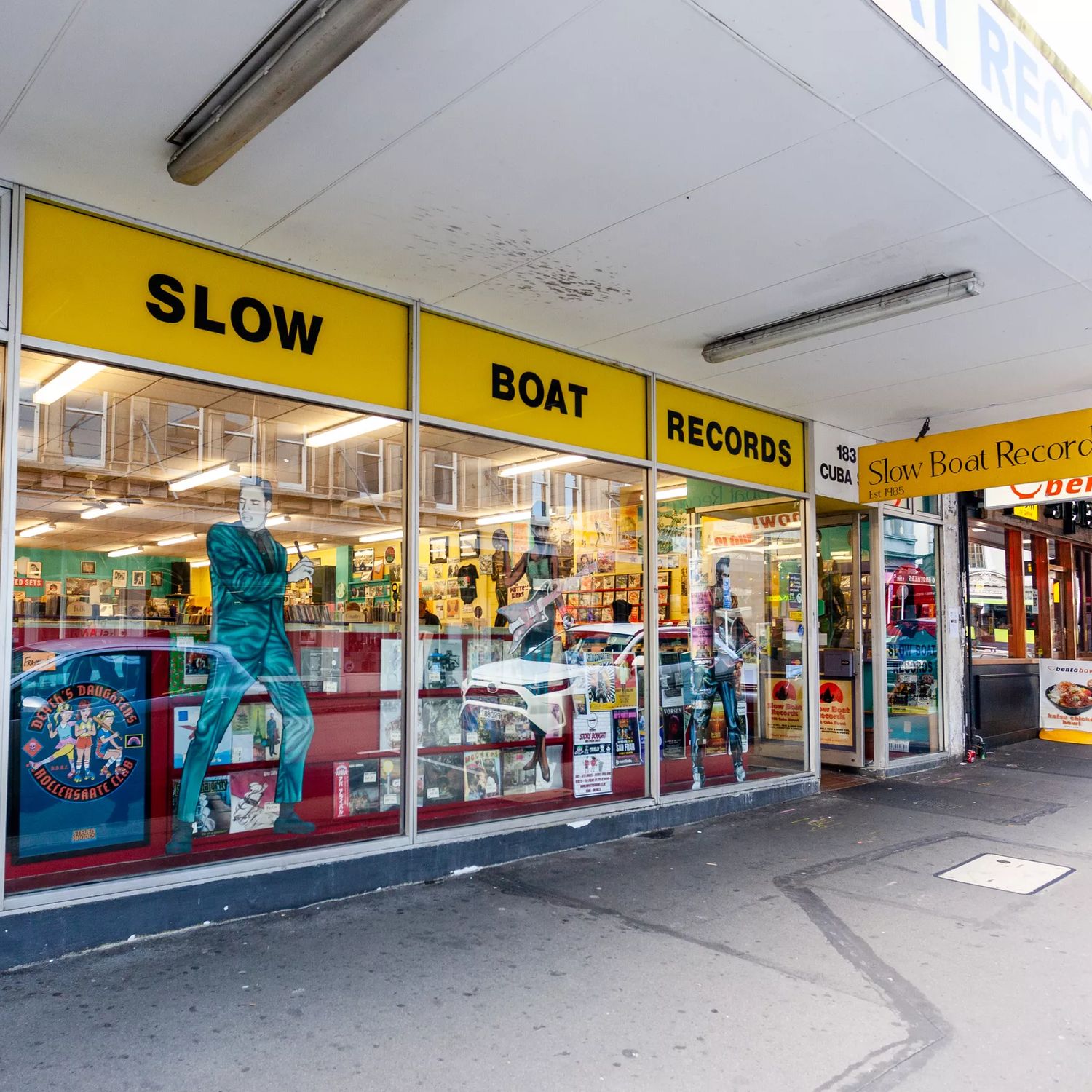 The storefront of Slow Boat Records, a record store on Cuba Street in Te Aro, Wellington.