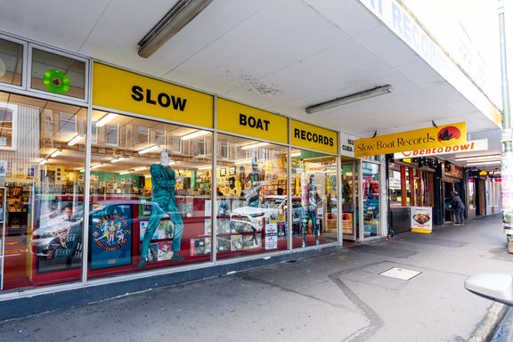 The storefront of Slow Boat Records, a record store on Cuba Street in Te Aro, Wellington.