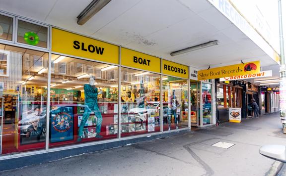 The storefront of Slow Boat Records, a record store on Cuba Street in Te Aro, Wellington. 