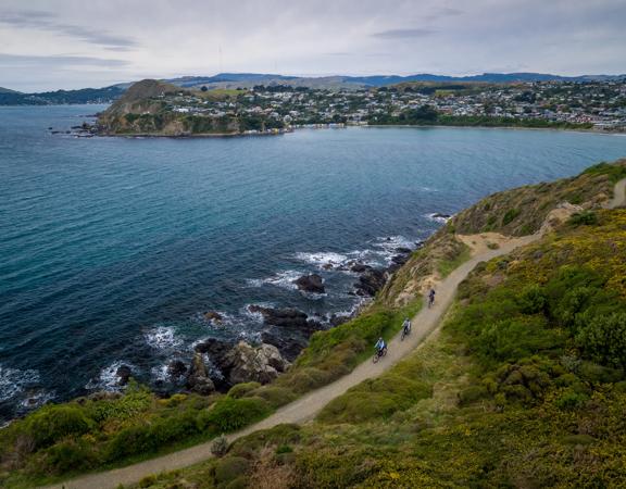 A birdseye view of three cyclists riding along Te Onepoto Loop Track in Whitireia Park along the coast in Porirua, New Zealand.