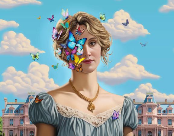 A person in a Victorian dress standing in front of an estate and a bright blue sky with colourful butterflies surrounding her face. 