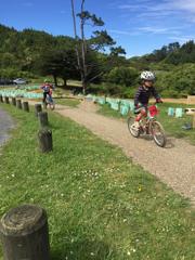 Two children ride bicycles in a park.