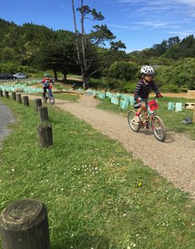 Two children ride bicycles in a park.