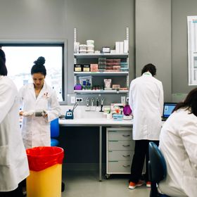 Four people in white lab coats are working in a medical lab.