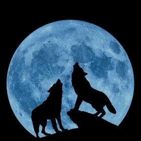 The silhouettes of two wolves howling in front of a blue full moon. 