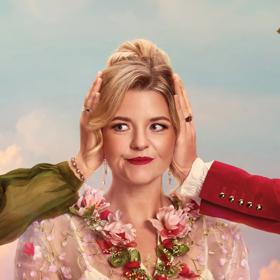 An opera performer with other people's hands from out of frame over their ears on a blue sky background.