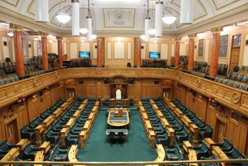 A town hall meeting room inside New Zealand's Parliament building.