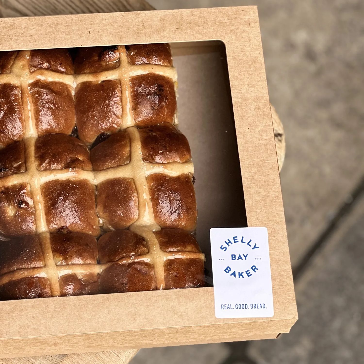 A box of hot cross buns from Shelly Bay Baker.