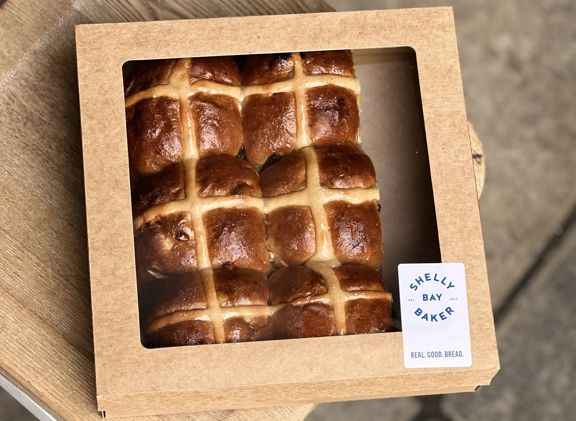 A box of hot cross buns from Shelly Bay Baker.