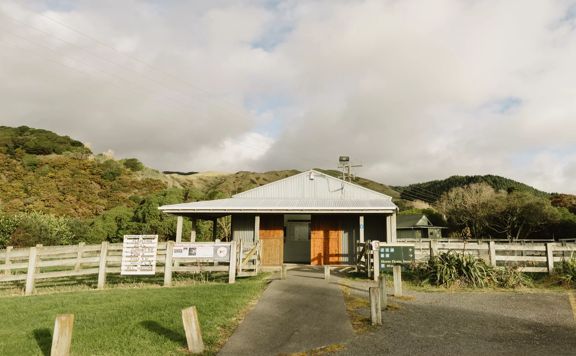 The main entrance building to Whareroa Farm on the Kāpiti Coast.