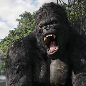 A still from the movie ‘King Kong’. The giant black gorilla opens its mouth in a roar.