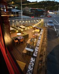 Upstairs looking down on the outside seating area of Gear STreet union Lower Hutt.