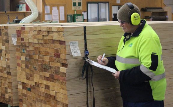 Juken worker holding clipboard and checking the quality of a stack of wood.