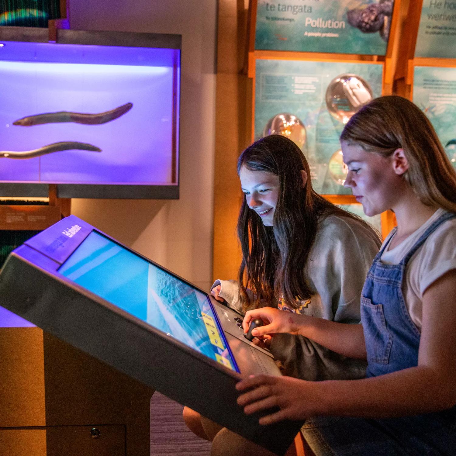 Two people using an interactive screen at the Museum of New Zealand Te Papa Tongarewa.