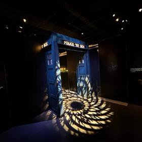 A police box inside the Doctor Who Worlds of Wonder exhibition.