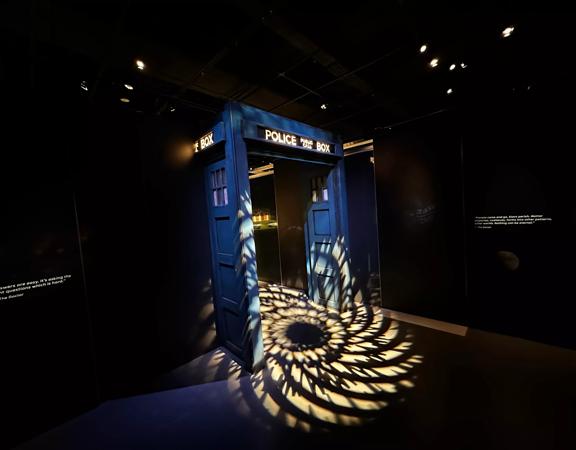 A police box inside the Doctor Who Worlds of Wonder exhibition.