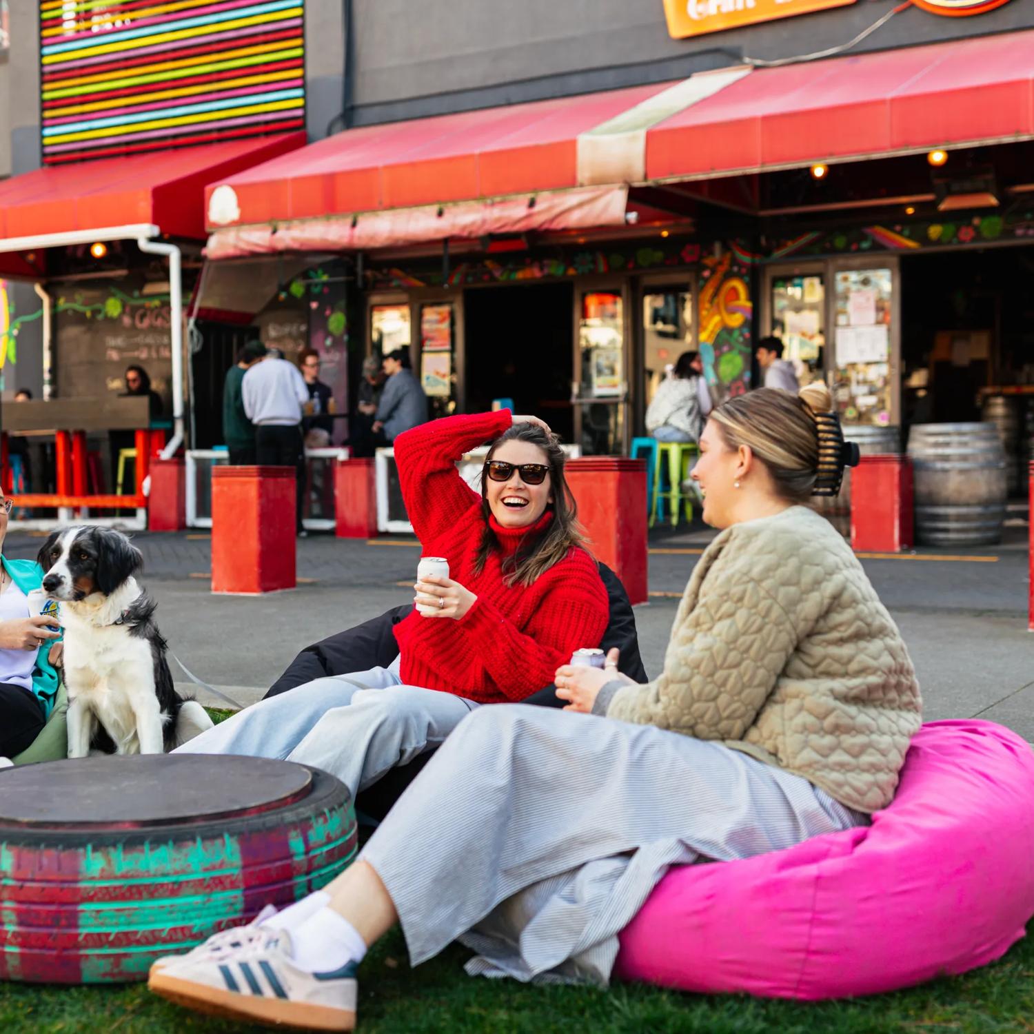 Three friends and a dog sit on beanbags outside of Rogue & Vagabond in Te Aro, Wellington. 