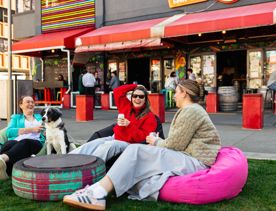 Three friends and a dog sit on beanbags outside of Rogue & Vagabond in Te Aro, Wellington.