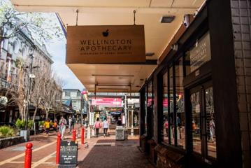 The exterior of Wellington Apothecary, a health and wellness store located on Cuba Street in Te Aro, Wellington.