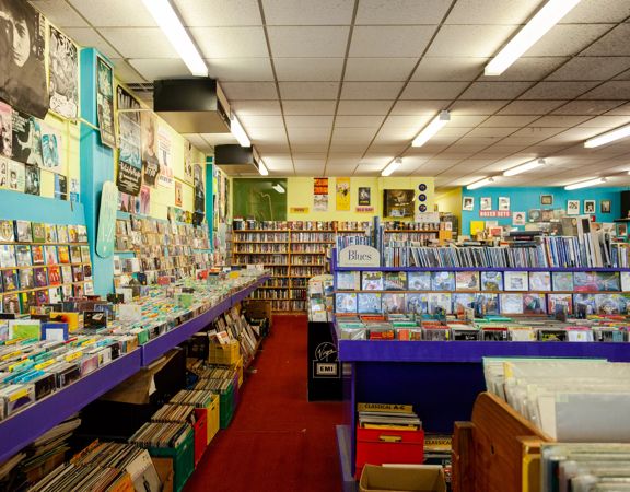 The colourful interior of Slow Boat Records, a record shop on Cuba Street in Te Aro, Wellington.