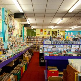 The colourful interior of Slow Boat Records, a record shop on Cuba Street in Te Aro, Wellington. 