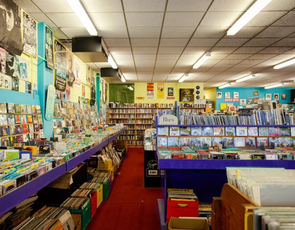 The colourful interior of Slow Boat Records, a record shop on Cuba Street in Te Aro, Wellington. 